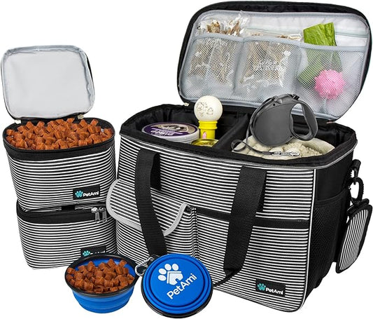 PetAmi Dog Travel Bag - Travel Pet Organizer with Food Container and Bowls, Perfect for Weekend Camping, Cat Diaper Bag (Stripe Black, Medium)