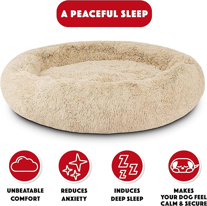 The Dog’s Bed Sound Sleep Donut Dog Bed, XXL Dog Beige Fur Calming Nest Bed Removable Cover