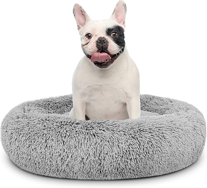 The Dog’s Bed Sound Sleep Donut Dog Bed, Med Silver Grey Fur Calming Nest Bed