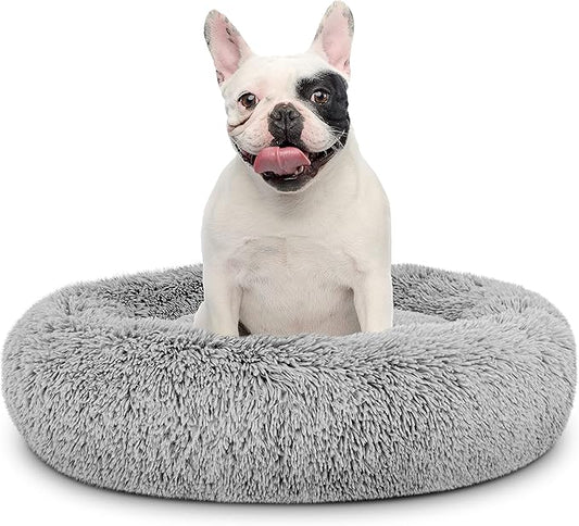 The Dog’s Bed Sound Sleep Donut Dog Bed, Med Silver Grey Fur Calming Nest Bed