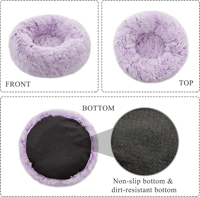 Dog Bed Large, Soft Round Cuddler Dog Beds Fluffy Plush Faux Fur Pet Beds, Anit-Anxiety Self-Warming Comfy (28", Purple)