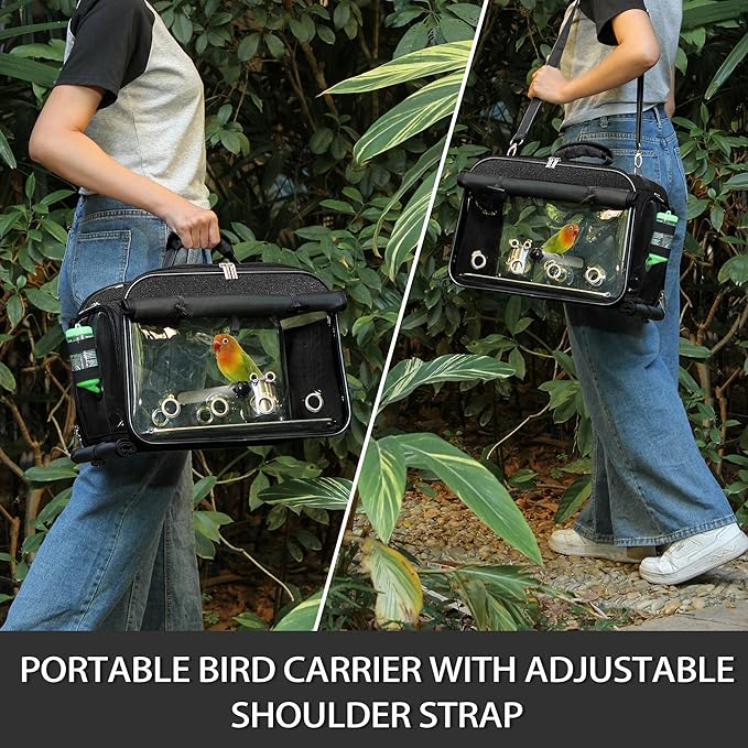 Sanmoncare Airline Approved Bird Carrier, Indestructible Stainless Steel Mesh Parrot Travel Cage, Cockatiels Travel Carrier Lightweight and Portable with Water Bottle and Bowl