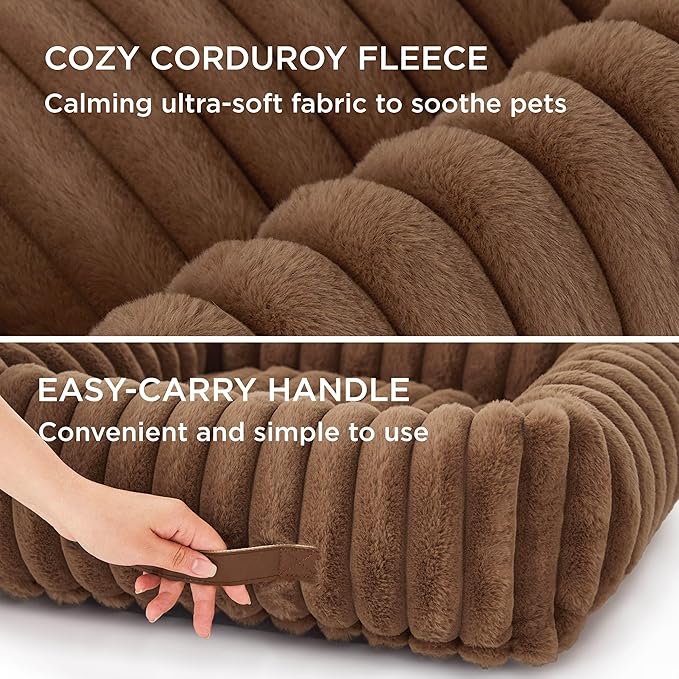 Bedsure Washable Dog Bed for Medium Dogs - Cute Furry Puppy Beds, Rectangle Orthopedic Corduroy Fleece Pet Beds with Removable Zipper Cover, 30x24x8inches, Camel Brown