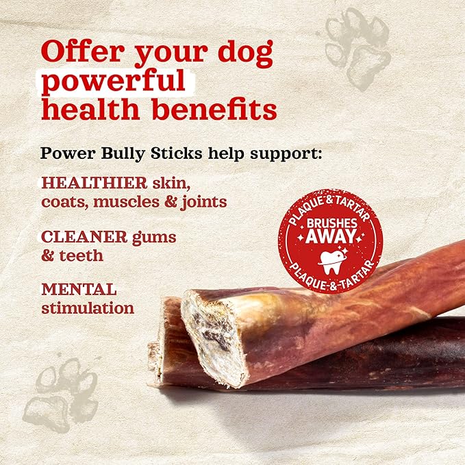 Natural Farm Power Bully Sticks Dog Chews (12”, 12-Pack), 2-in-1 Power Chews: Premium Beef Cheek Wrapped in Beef Pizzle, Double Chewing Time, Great Dog Dental Treats, for Small, Medium & Large Dogs