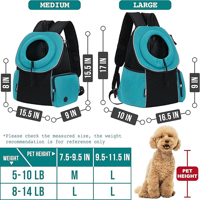 PetAmi Front Carrier Backpack, Ventilated Adjustable Pet Chest Carrier for Dog Cat, Hiking Camping Travel, Small Puppy Medium Cat Carrying Bag, Max 14 lb, Sea Blue