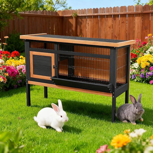 Rabbit Cage Elevated Bunny Hutch Indoor Outdoor,Wooden Chicken Coop Rabbit Hideout with Pull Out Tray,Feeding Trough,Metal Wire Pan and Openable Water-Resistant Asphalt Roof for Small Animals(Brown)