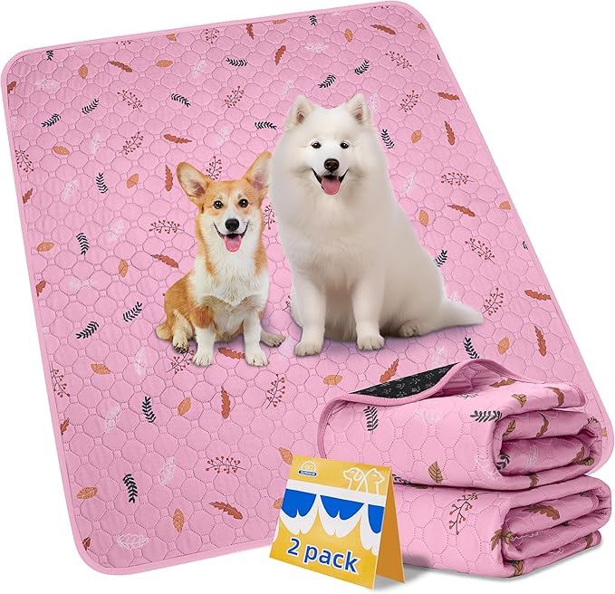 Sunheir Washable Pee Pads for Dogs 2-Pack Reusable Puppy Pads Pet Training Pads, Waterproof Dog Pee Pads for Crate, Whelping Pad, Non-Slip Protects Against Urine Leakage (Leaves - Pink, 18x24)