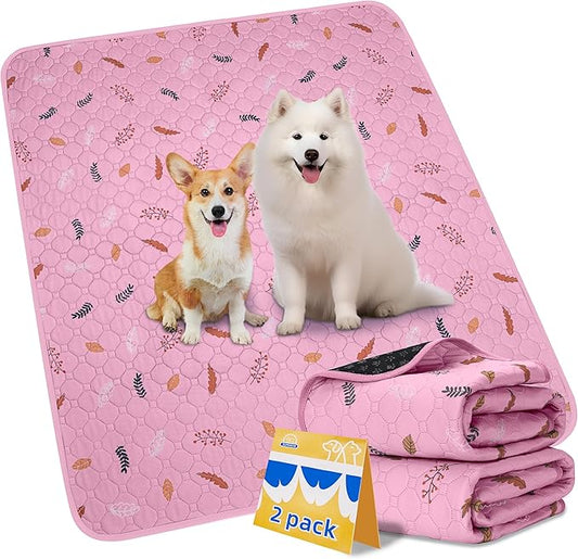 Sunheir Washable Pee Pads for Dogs 2-Pack Reusable Puppy Pads Pet Training Pads, Waterproof Dog Pee Pads for Crate, Whelping Pad, Non-Slip Protects Against Urine Leakage (Leaves - Pink, 24x36)