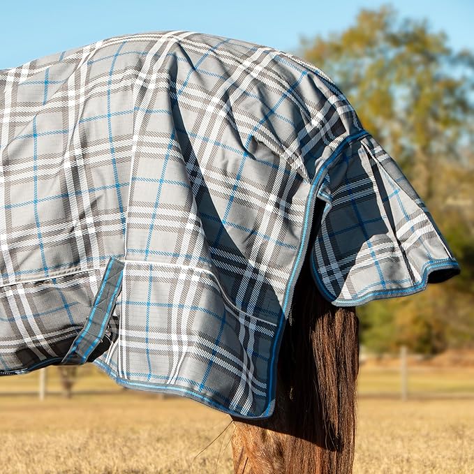 Jeffers Poplar Head 1200 Denier Turnout Sheet for Horses, 0g Polyfill, 69"- Waterproof Lightweight Horse Blanket, Adjustable Chest Belly Straps, Tail Flap, Stable Blanket -Hamilton Blue & Slate Plaid