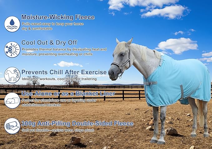 Horse Fleece Cooler, Blanket Liner - 300g Anti-Pilling Fleece, Moisture-Wicking, Cooling & Drying for Post-Workout, Bath & Travel, Prevent Overheating & Chilling Lightblue 84