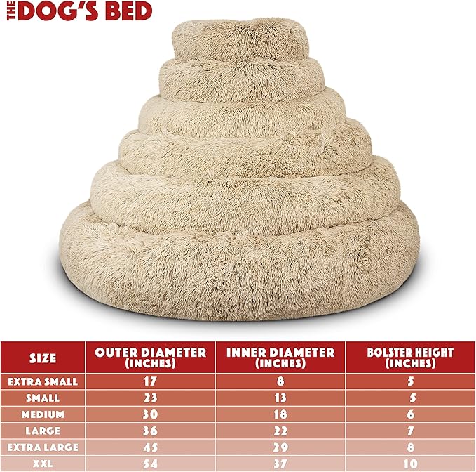 The Dog’s Bed Sound Sleep Donut Dog Bed, XXL Dog Beige Fur Calming Nest Bed Removable Cover