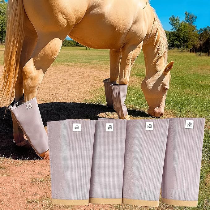 Horse Fly Boots - Horse Fly Protection, Fly Boots for Horses, Breathable Mesh [Set of 4], Heat-Reflective Light Grey, Adjust. Velcro, Durable Stays, Protective Leg Wear