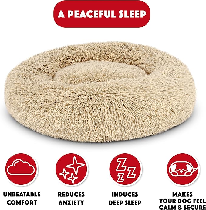 The Dog’s Bed Sound Sleep Donut Dog Bed, Small Beige Fur Calming Nest Bed