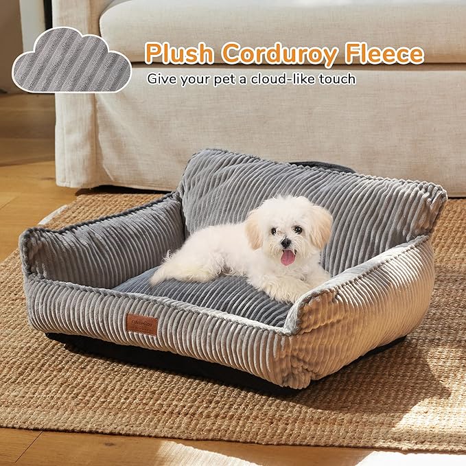 FUKUMARU Dog Couch Bed, Fluffy Corduroy Cat Beds for Indoor Cats with Washable Cover, Waterproof Small Dog Sofa Beds with Portable Handle and Anti-Slip Bottom, Pet Beds & Furniture 28inch, Grey
