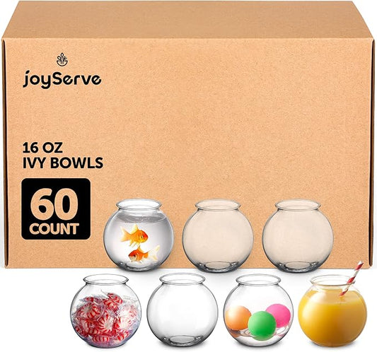 JoyServe 16 Oz Plastic Fish Bowl (60 Pack) 4 Inch Heavy Duty Plastic Ivy Bowls, for Candy, Carnival Games, Prizes, Centerpieces and Party Decoration Supplies, BPA-Free