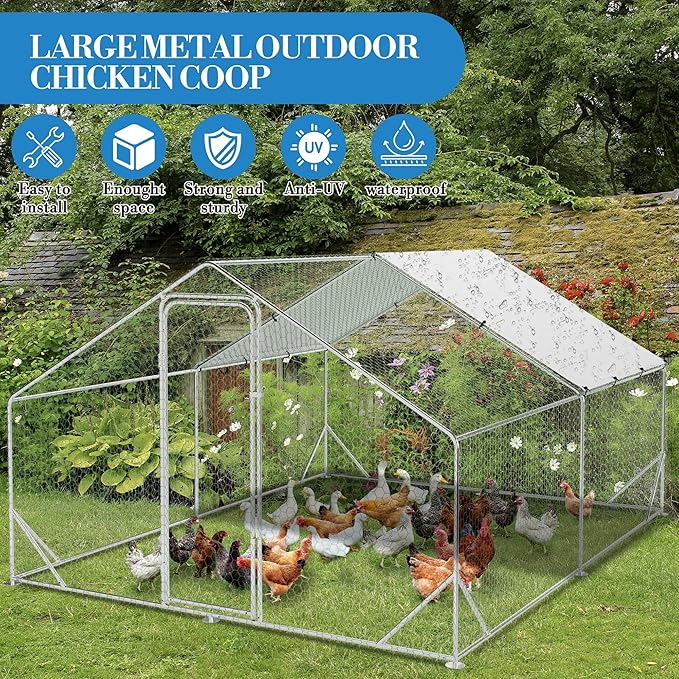 Large Metal Chicken Coop Run,Outdoor Walk-in Cage Peak Hen House with Waterproof and Anti-Uv Cover,Spire Roof Hen House with Security Lock for Outdoor,Backyard and Farm, 9.8 x 13.1 x 6.6 ft