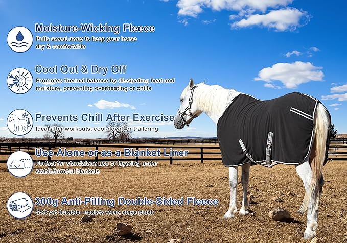 Horse Fleece Cooler, Blanket Liner - 300g Anti-Pilling Fleece, Moisture-Wicking, Cooling & Drying for Post-Workout, Bath & Travel, Prevent Overheating & Chilling Black 69