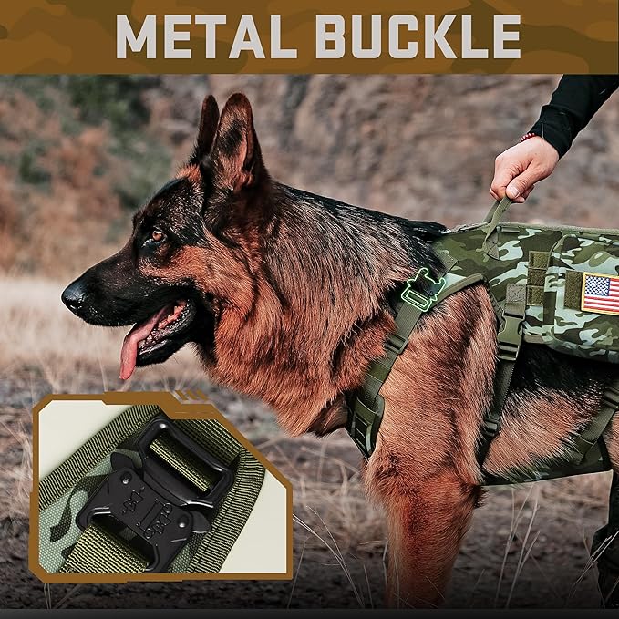 Forestpaw Tactical Dog Harness Tactical Dog Collar with Bungee Leash Set,No Pull Military Dog Harness for Walking Training,Adjustable for Medium Large Dogs,Camouflage Green,Chest 21.5-45"