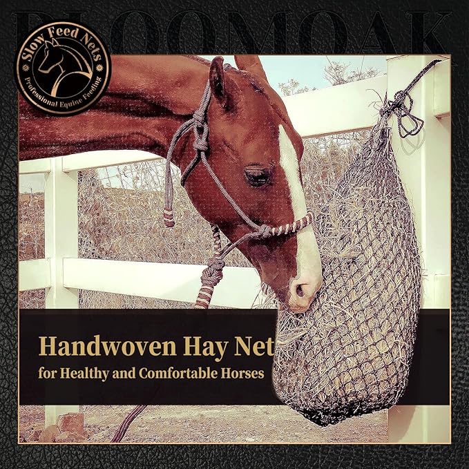 Bloomoak Slow-Feed-Hay-Net for Horses, 40" Hay Net with 2" Hole for Horse and Goat, Handwoven Hay Net, Heavy Duty PE,Easy Fill with Rings（2PCS