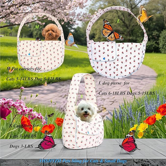 Floral Dog Sling Carrier, Breathable Cotton Hand-Free Cat Carrier,Chest Pet Purse for Small Dog Cat 3-12 lbs (White, Medium)