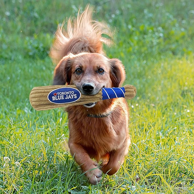 MLB Toronto Blue Jays Baseball Bat Toy for DOGS & CATS. Soft Corduroy Plush Dog Toy with Inner SQUEAKER, MLB Chew Toys for Dogs or Cats. Durable Fun Interactive Dog Toy with Team Names and Logo