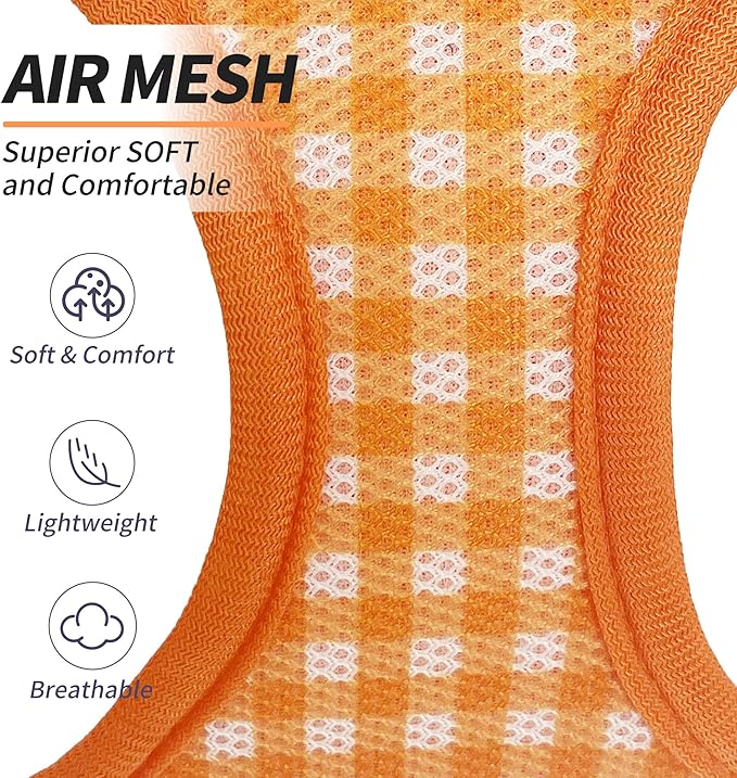 AIITLE Dog Harness and Leash Set, Reflective Adjustable Soft Mesh Vest with Plaid Print for Small Dogs – Breathable No-Pull Design for Daily Walks & Outdoor Adventures (XXS, Orange)