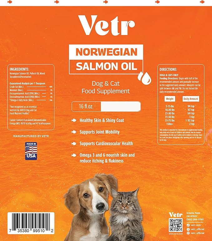 Vetr Norwegian Salmon Oil for Dogs & Cats, 16.9 oz - Omega 3 Fish Oil for Healthy Skin, Shiny Coat, Joint & Heart Health