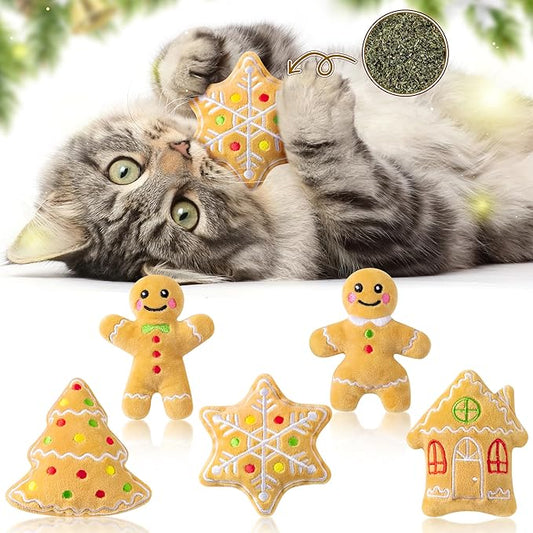 MALLMALL6 Catnip Toys for Cat - 5Pcs Christmas Gingerbread Catmint Interactive Cat Toy for Indoor Kitten, Soft Kitty Supplies, Kitten Teething Chew Kick Toy Set, Pet Xmas Gifts for Kitty Lover