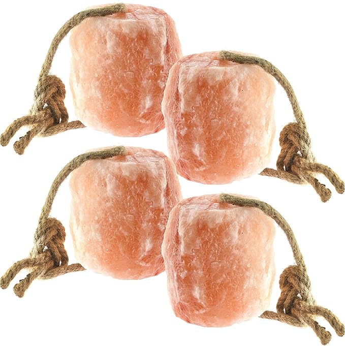 UMAID Himalayan Salt Lick 6 lbs. on Rope for Horses, Deer, Goats, Cow, Sheep, Cattle, Alpacas, and Livestock – Mineral Horse Treats, Natural Himalayan Rock Salt Block for Deer and Horses, 4 Pack