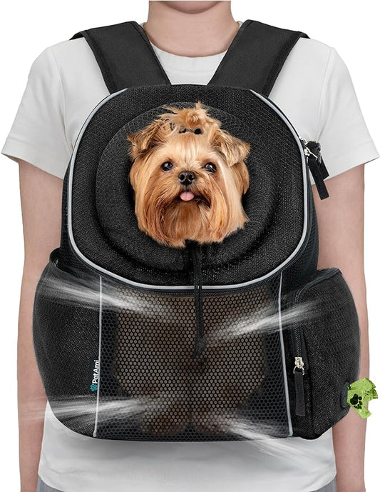 PetAmi Dog Front Carrier Backpack, Ventilated Adjustable Dog Pet Cat Chest Carrier Backpack, Dog Carrier for Hiking Camping Travel, Small Dog Puppy Medium Cat Carrying Bag, Max 14 lbs, Black