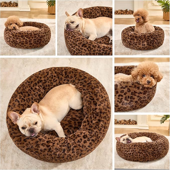 Dog Calming Beds for Small Medium Large Dogs - Round Donut Washable Puppy Dog Bed, Anti-Slip Faux Fur Fluffy Donut Cuddle Anxiety Cat Pet Bed (36" Leopard Print)