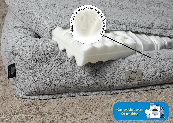 Furry's Paradise Foam Cuddler Pet Bed with Waterproof Liners, Reversible Cushion, Washable Cover, Recycled Fibers and Non-Slip Bottom. (Gray Paisley, Orthopedic Medium)