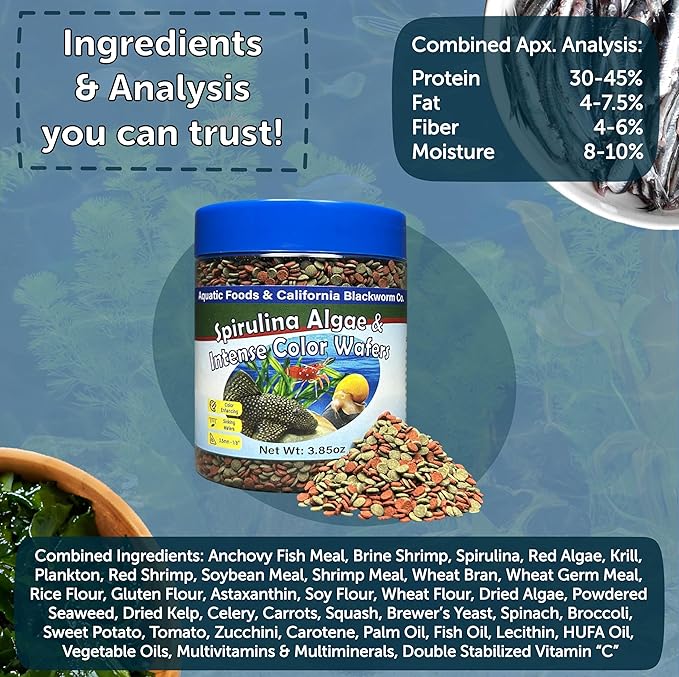 Aquatic Foods Inc. 3.5mm - 1/8" Small Sinking Wafers of Spirulina, Algae & Color Enhancing Wafers for Bottom Fish, Shrimp, Snails, Tropicals. 4-Type Wafer & 12-Type Pellets Included 12oz Canister