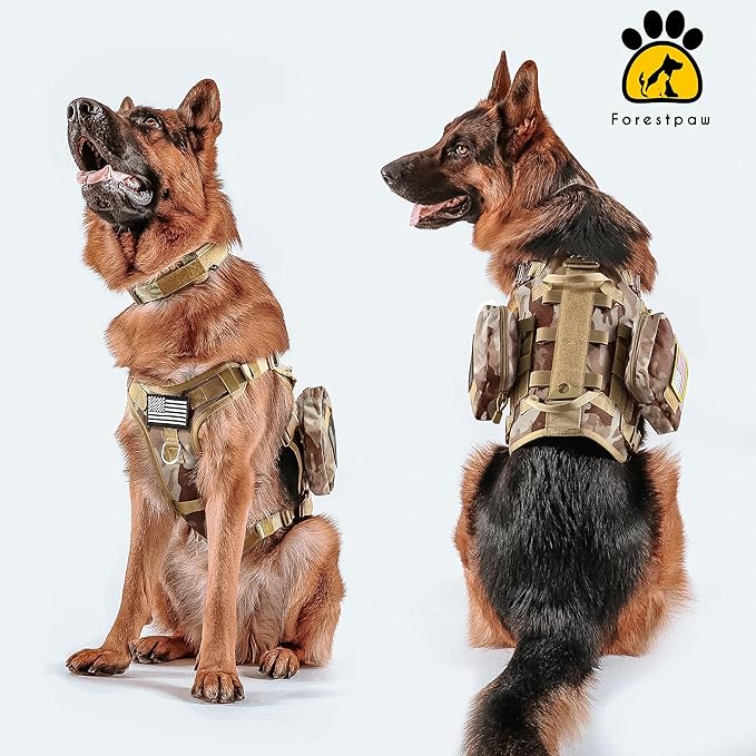 Forestpaw Tactical Dog Harness Tactical Dog Collar with Bungee Leash Set,No Pull Military Dog Harness for Walking Training,Adjustable for Medium Large Dogs,Camouflage Brown,Chest 15.5-25.5"