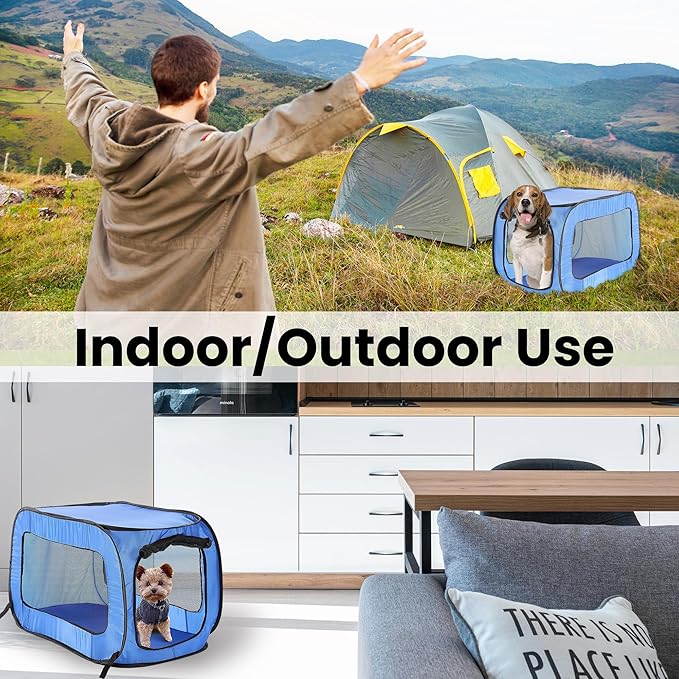 Beatrice Home Fashions Portable, Collapsible, Pop Up Kennel Travel Cat and Dog Crate, 36" L x 22" W x 22" H, Blue