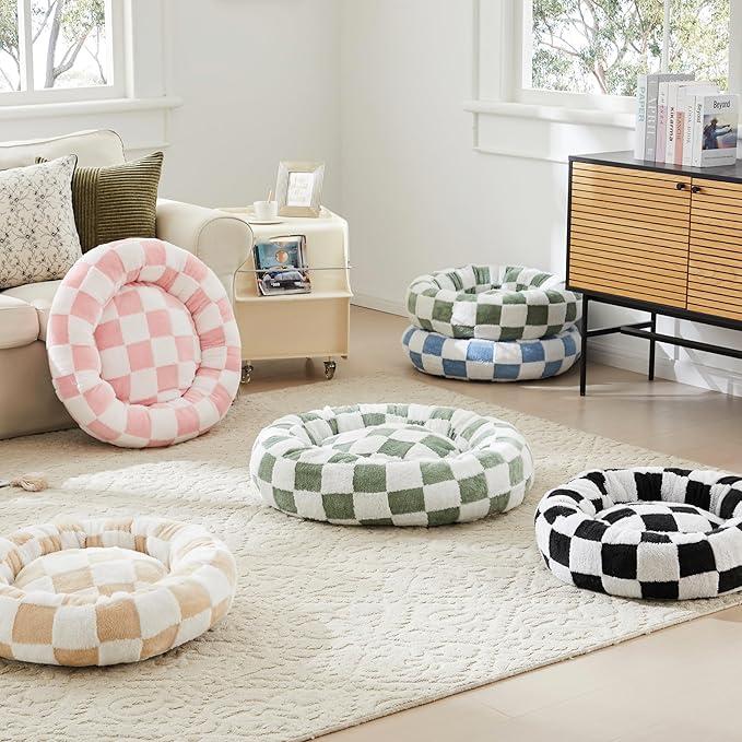 Checkered Dog Bed, Cute Girly Pink Retro Style Aesthetic Round Warming Pet Calming Beds for Small Dog and Cats, Plush Cozy Donut Dog Beds Washable, 30" L x 30" W x 8" Th