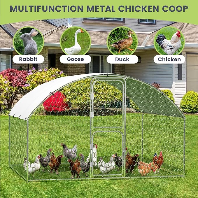 Large Metal Chicken Coop Run,Outdoor Walk-in Cage Peak Hen House with Waterproof and Anti-Uv Cover,Dome Roof Hen House with Security Lock for Outdoor,Backyard and Farm, 9.8 x 6.5 x 6.5 ft