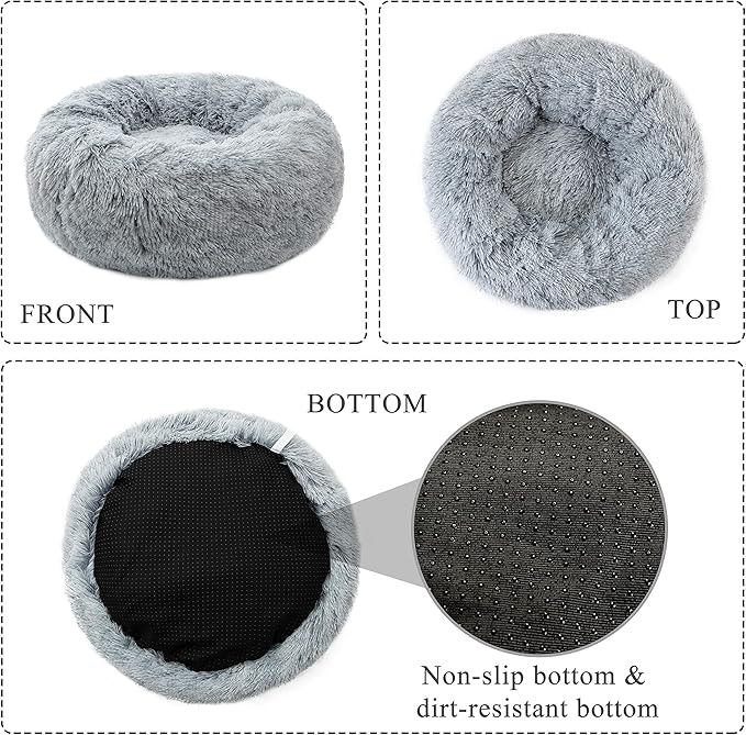 Dog Bed Large, Soft Round Cuddler Dog Beds Fluffy Plush Faux Fur Pet Beds, Anit-Anxiety Self-Warming Comfy (28", Grey)
