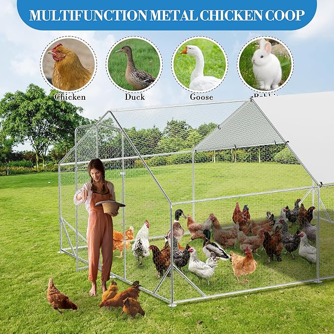 Large Metal Chicken Coop Run,Outdoor Walk-in Cage Peak Hen House with Waterproof and Anti-Uv Cover,Spire Roof Hen House with Security Lock for Outdoor,Backyard and Farm, 9.8 x 13.1 x 6.6 ft