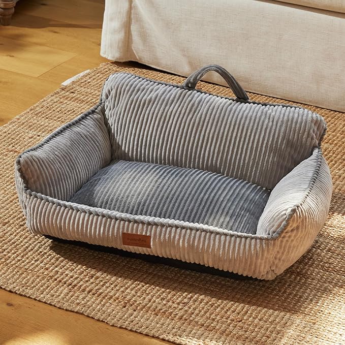 FUKUMARU Dog Couch Bed, Fluffy Corduroy Cat Beds for Indoor Cats with Washable Cover, Waterproof Small Dog Sofa Beds with Portable Handle and Anti-Slip Bottom, Pet Beds & Furniture 28inch, Grey