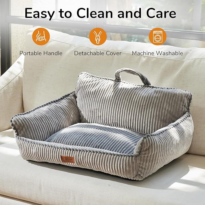 FUKUMARU Dog Couch Bed, Fluffy Corduroy Cat Beds for Indoor Cats with Washable Cover, Waterproof Small Dog Sofa Beds with Portable Handle and Anti-Slip Bottom, Pet Beds & Furniture 28inch, Grey