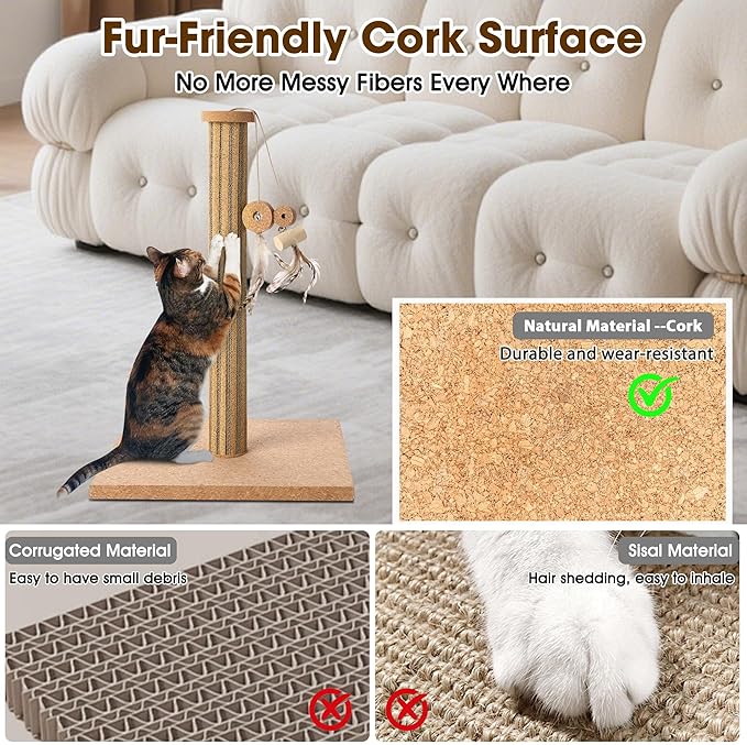 Natural Cork Cat Scratching Post with Feather Toy, 14.2 inch Stable Base, Eco-Friendly Scratch-Safe & Noise-Reducing for Claw Health, Fits Home Decor