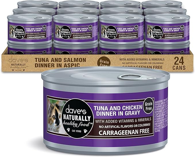 Dave's Pet Food Grain Free Wet Cat Food (Tuna & Chicken in Gravy), Naturally Healthy Canned Added Vitamins & Minerals, Wheat & Gluten-Free, 3 oz (24 Pack)