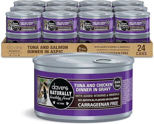 Dave's Pet Food Grain Free Wet Cat Food (Tuna & Chicken in Gravy), Naturally Healthy Canned Added Vitamins & Minerals, Wheat & Gluten-Free, 3 oz (24 Pack)