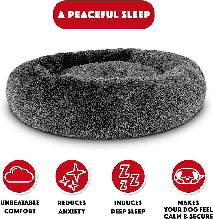 The Dog’s Bed Sound Sleep Donut Dog Bed, Med Steel Grey Fur Calming Nest Bed