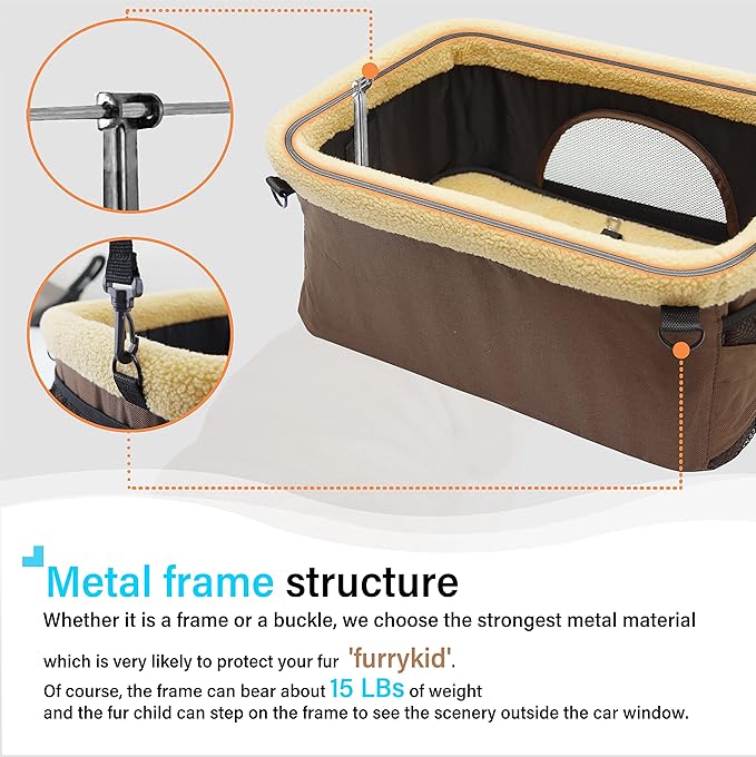 ROODO Deluxe Dog Booster Seat with Height-Adjustable Foldable Metal Frame and Safety Leash,Portable Pet Car Seat for Under 20lb Puppy Cats with Plush Thick Cushion Mesh Window Pockets(Khaki)