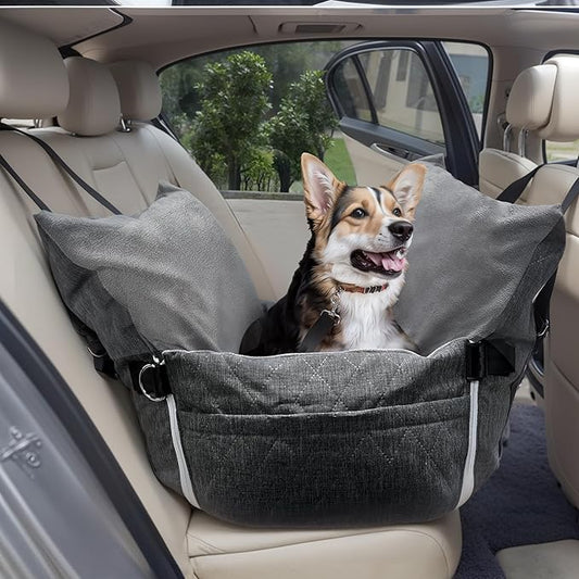Johnear Dog Car Seat for Medium Dog Under 55 lbs, Winter Warm Pet Booster Seat Pet Travel Car Bed with 2 Pockets and Safety Leash，Detachable and Waterproof Dog Carrier Handbag Plush Seat Cushion Gray