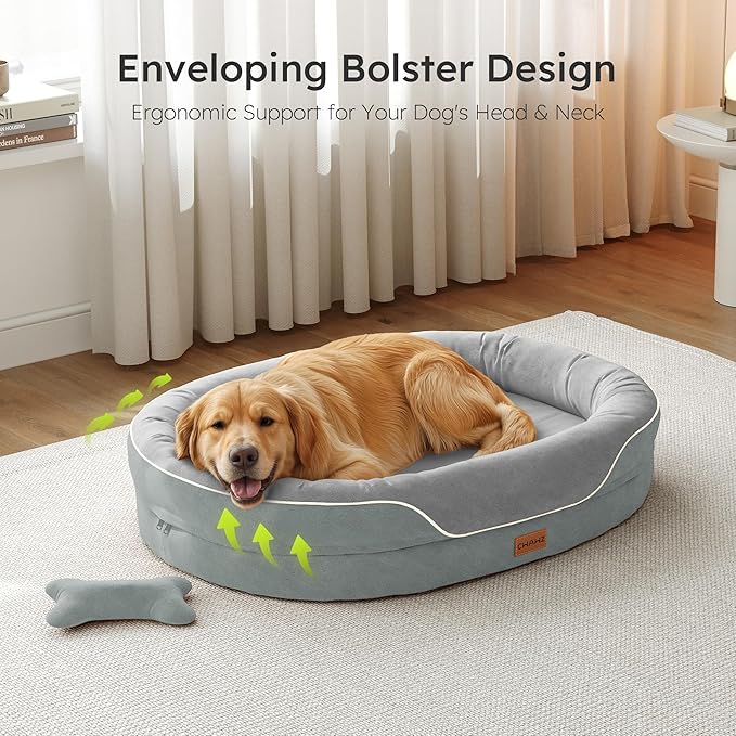XL Orthopedic Dog Bed, Extra Large Dog Bed, Dog Sofa for Large Sized Dogs with Full-Surround Bolsters, Dual-Sided Dog Cooling Bed with Memory Foam, Washable Sofa with Nonslip Bottom, Light Grey