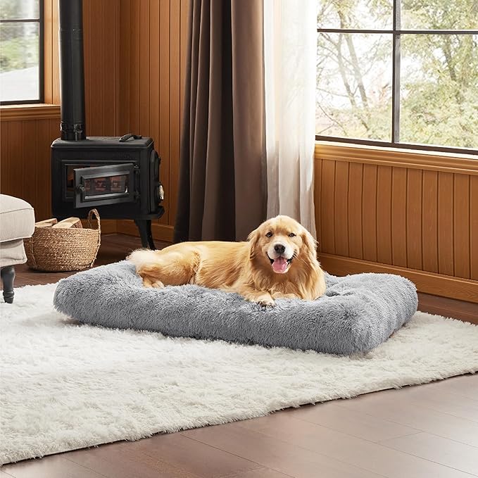 Bedsure Washable XXL Dog Bed for Crate, Faux Fur Dog Crate Pad for Large Breed, Fulffy Soft Comfort Dogs Sleeping Mat, Anti-Slip Pet Kennel Pad, 48" x 29", Grey