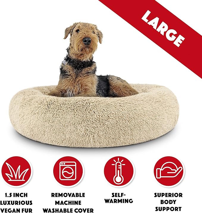 The Dog’s Bed Sound Sleep Donut Dog Bed, Large Dog Beige Fur Calming Nest Bed